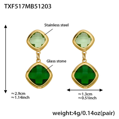 B廠【TXP517】不銹鋼方形切麵包邊玻璃石吊墜耳環項鍊手鍊珠寶首飾套裝鍍18k金
 25.12-2