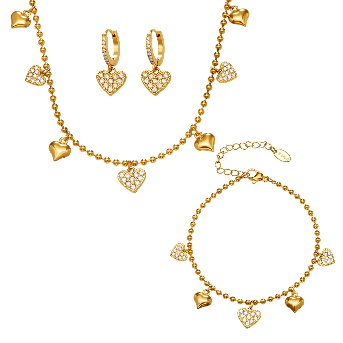 B廠【TXP504】不鏽鋼愛心鋯石項鍊手鍊耳環 鍍18k金chic風歐美時尚百搭珠寶首飾
 25.12-2