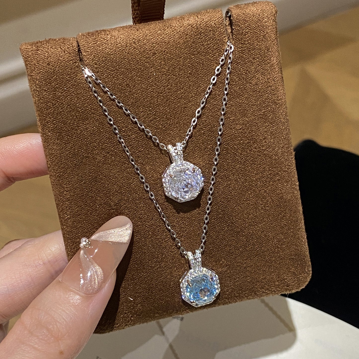 F廠【DQ2348N】S925純銀爆閃八角玫瑰切項鍊女高級感海藍玫瑰鋯石鎖骨鏈
 25.11-1