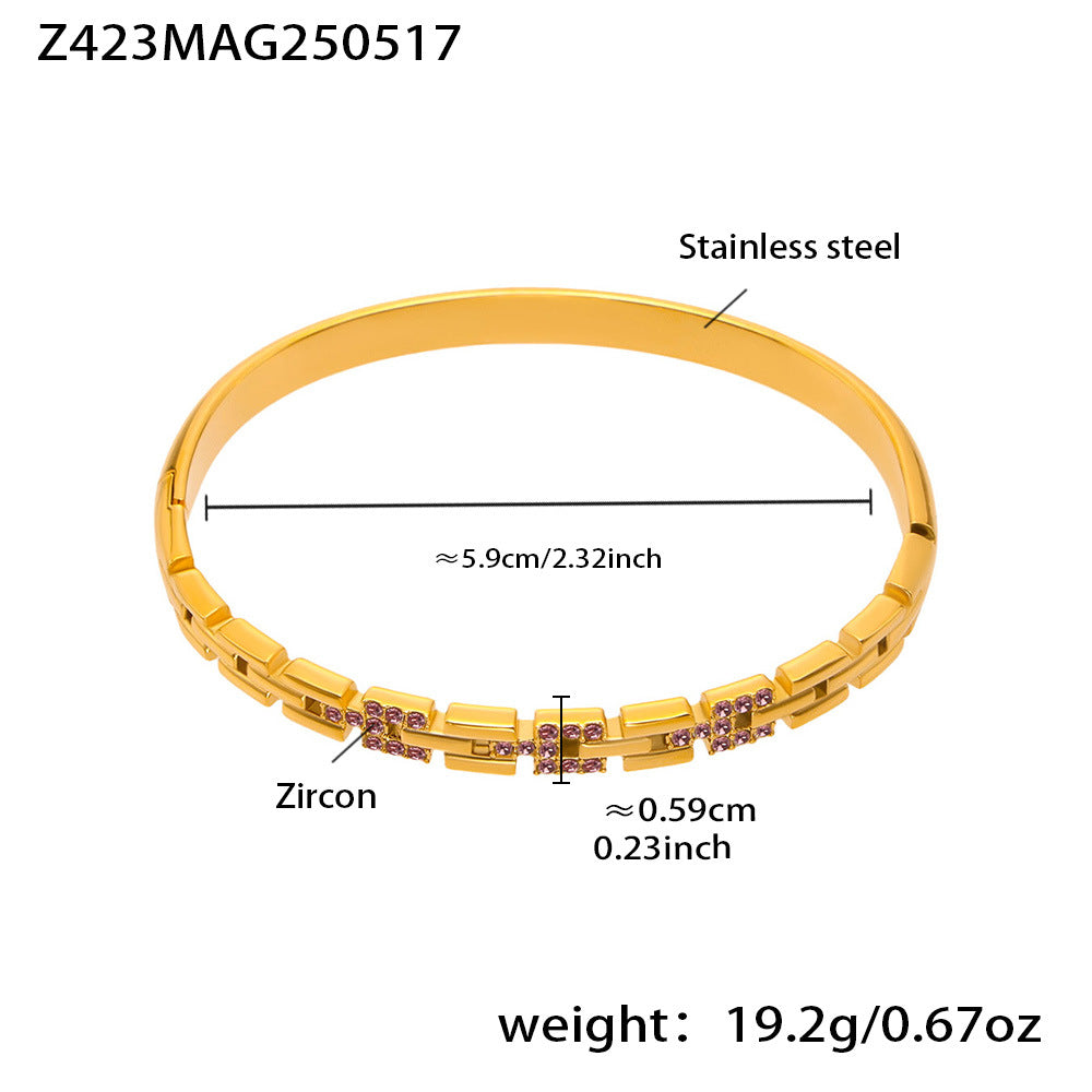 B廠【Z423】新款5A鋯石長城紋帶鑽超閃卡扣手鐲不鏽鋼鍍18k真金手鐲子潮 25.05-4