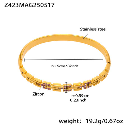 B廠【Z423】新款5A鋯石長城紋帶鑽超閃卡扣手鐲不鏽鋼鍍18k真金手鐲子潮 25.05-4