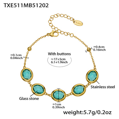 B廠【TXP511】不鏽鋼幾何橢圓切面玻璃石包邊項鍊手鍊耳環組鍍18k金跨國首飾
 25.12-2
