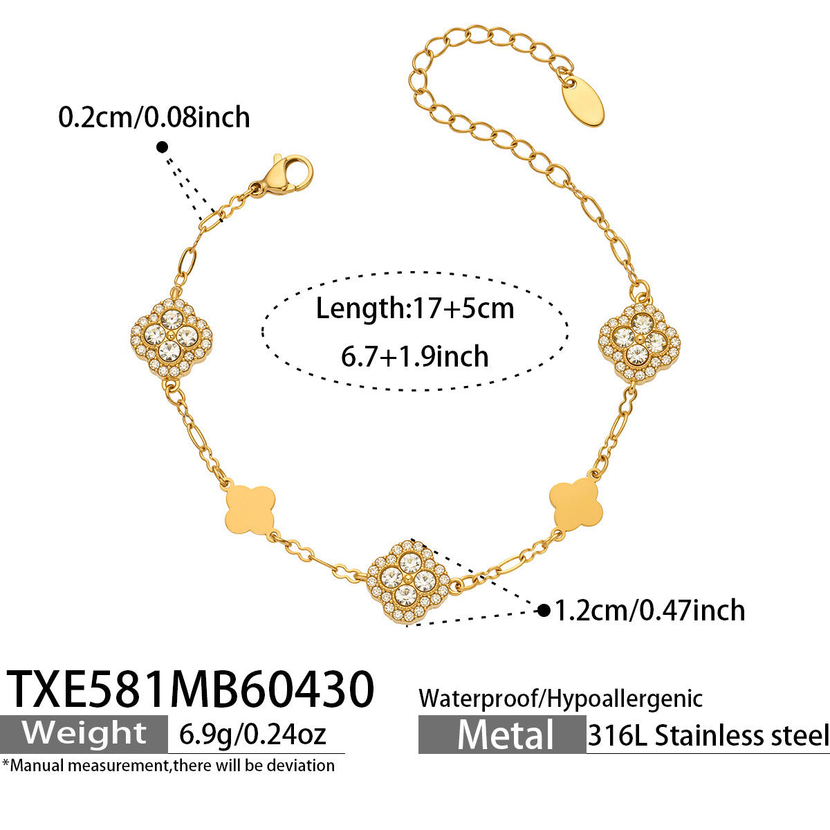 B廠【TXP581】四葉花滿鑽鋯石幾何項鍊手鍊chic歐美時尚輕奢百搭不鏽鋼首飾套裝
 26.05-2