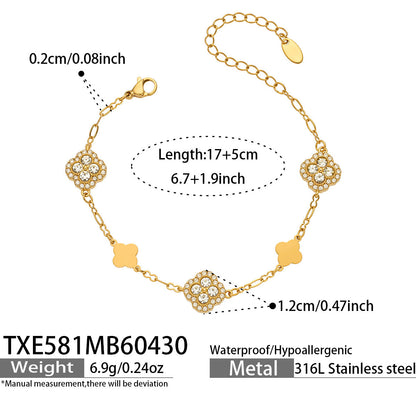 B廠【TXP581】四葉花滿鑽鋯石幾何項鍊手鍊chic歐美時尚輕奢百搭不鏽鋼首飾套裝
 26.05-2