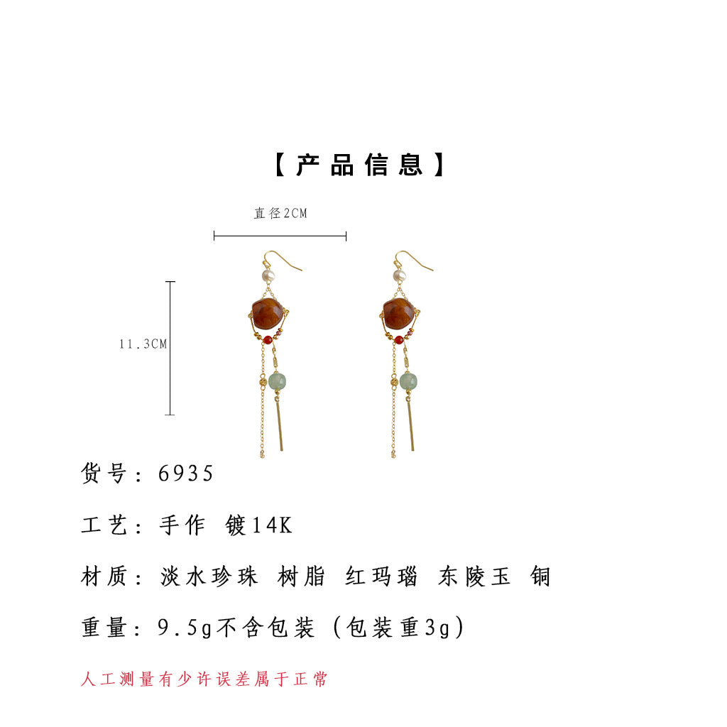 A廠【6935】設計師手工作品！長版文藝復古淡水珍珠美拉德風流蘇耳環
 25.10-3