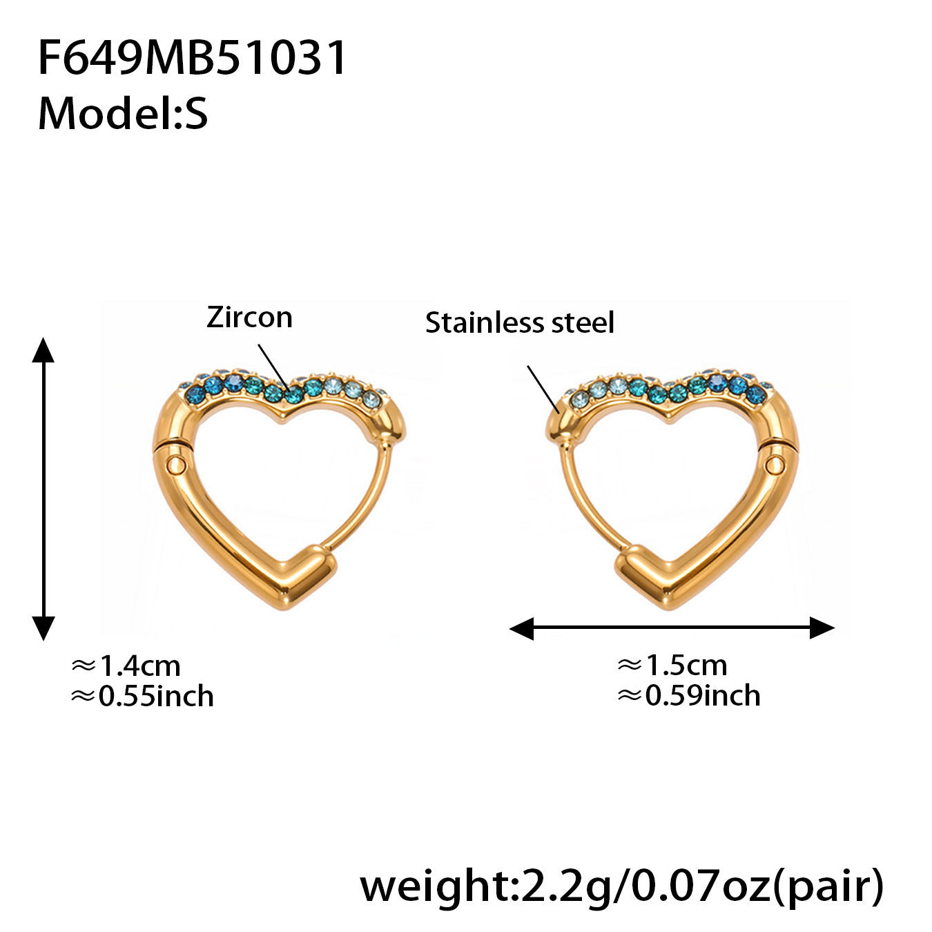 B廠【F649】跨境新款愛心彩色鋯石耳環耳環不鏽鋼鍍18k金時尚百搭耳飾
 25.11-1