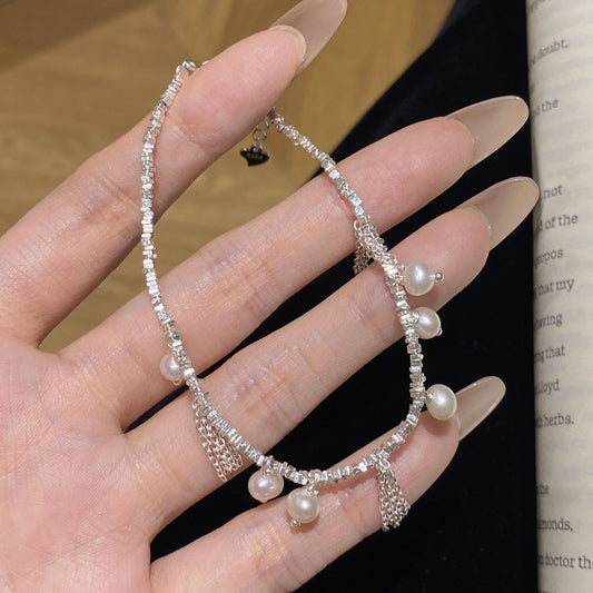 F廠【XDQ0139S】S925純銀ins風淡水珍珠碎銀子手鍊女精緻設計感鏈流蘇手飾
 25.11-1