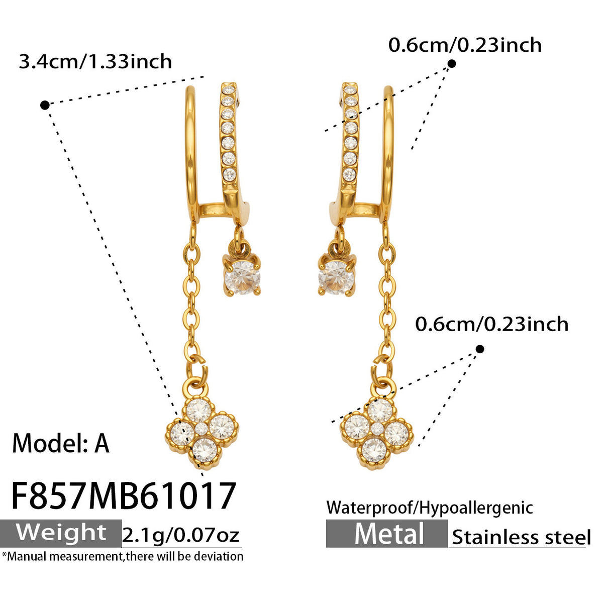 B廠【F857】幾何四瓣花愛心鑲锆石耳墜不鏽鋼耳環組
 26.10-4