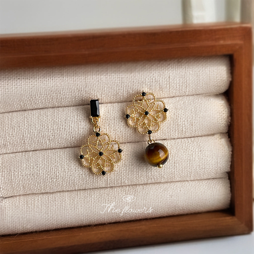 C廠【6952】高級感虎眼石微鑲鋯石925銀針不對稱設計時尚紋理幾何耳飾 耳環女
 25.10-4