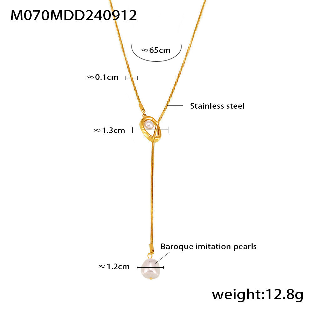 B廠【M070】歐美熱銷巴洛克仿珍珠吊墜可調式毛衣鏈不鏽鋼鏈條鍍18k金衣飾品 24.09-3