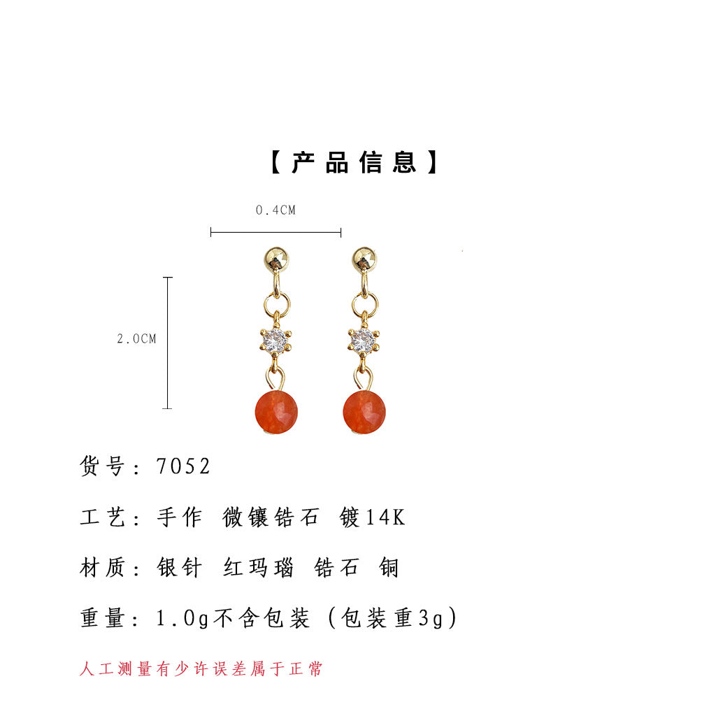 C廠【7052】迷你版簡約小巧紅瑪瑙手工藝設計感新款耳飾鋯石輕奢風飾品
 25.11-2