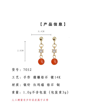A廠【7052】迷你版簡約小巧紅瑪瑙手工藝設計感新款耳飾鋯石輕奢風飾品
 25.11-2