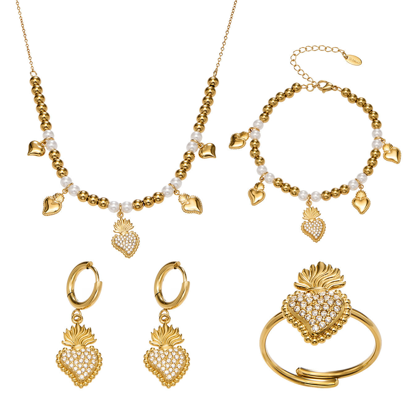 B廠【TXP490】5A鋯石愛心皇冠吊墜項鍊耳環手鍊戒指組不銹鋼鍍18k真金
 25.11-4