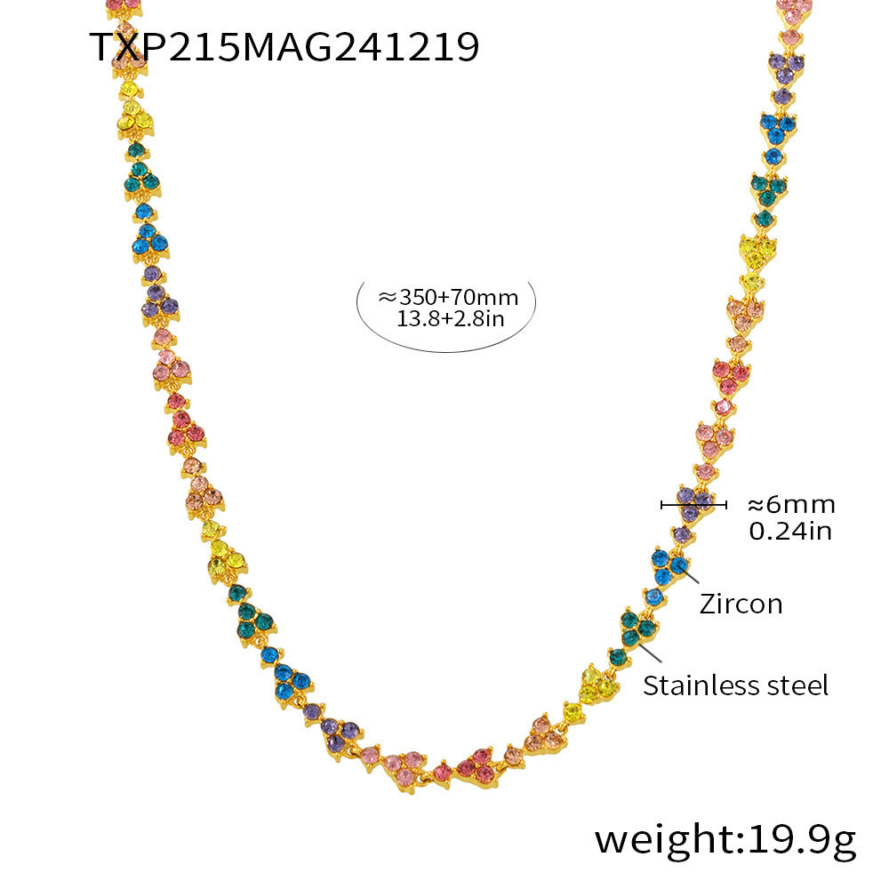 B廠【TXP215】彩色多巴胺手工鑲嵌鋯石鎖骨項鍊精美手鍊不銹鋼鍍真金套裝 25.01-2