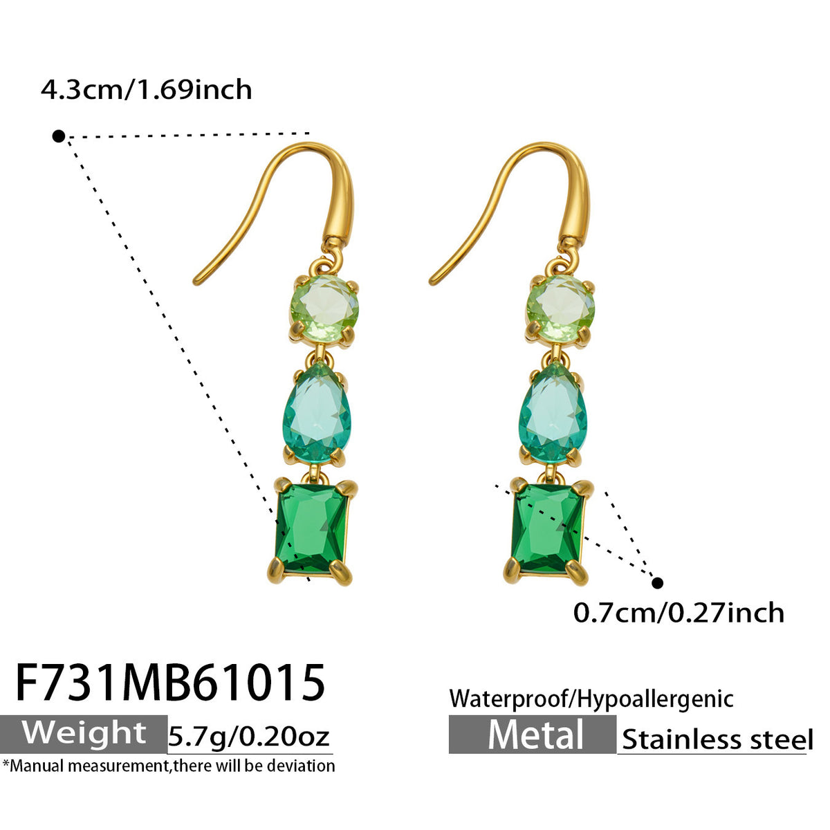 B廠【F731】拼接彩锆石耳墜不鏽鋼鍍金三層結構耳環
 26.10-4
