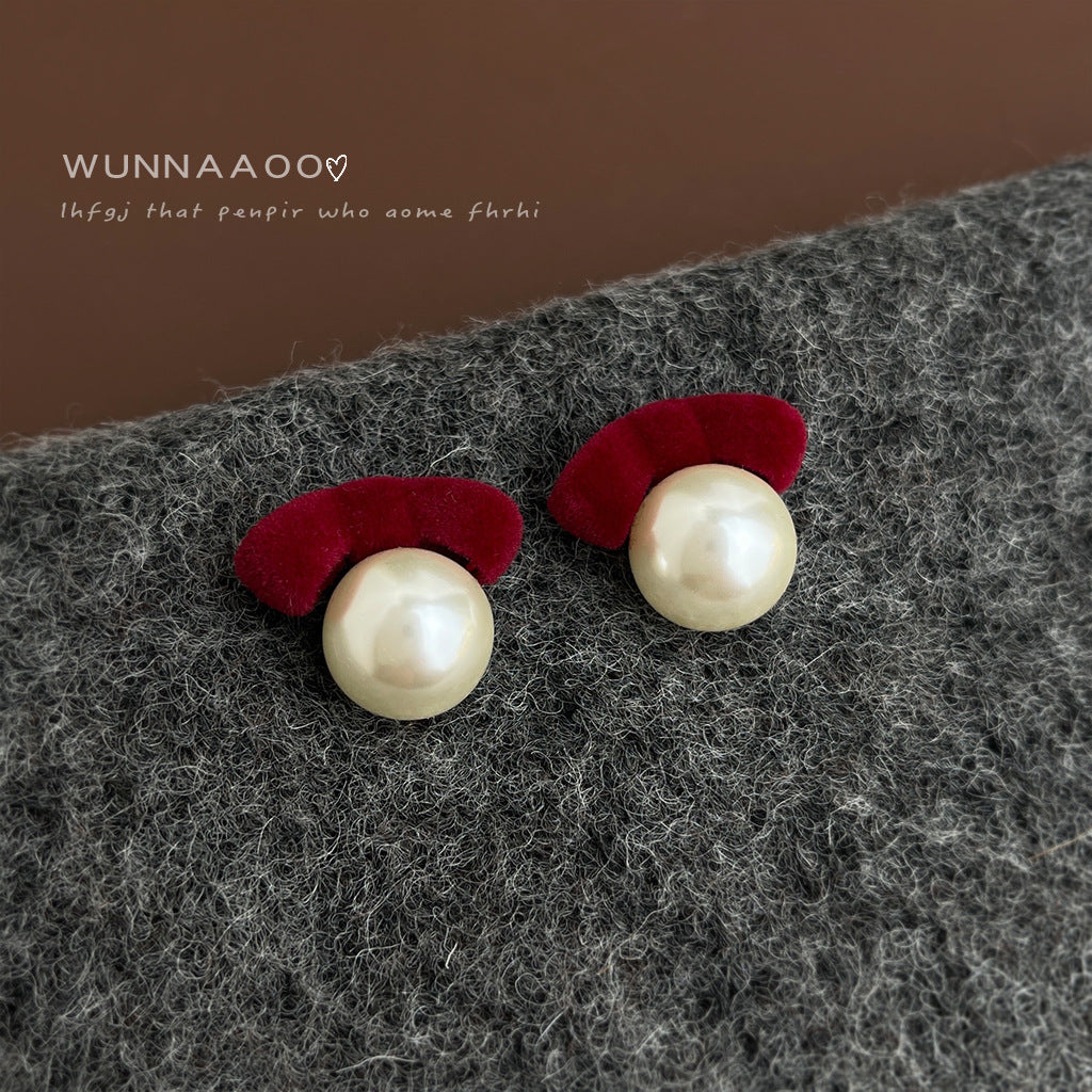 A廠【7134】冬天款文藝復古酒紅植絨溫暖新款銀針蝴蝶結珍珠耳環氣質耳飾
 25.11-3