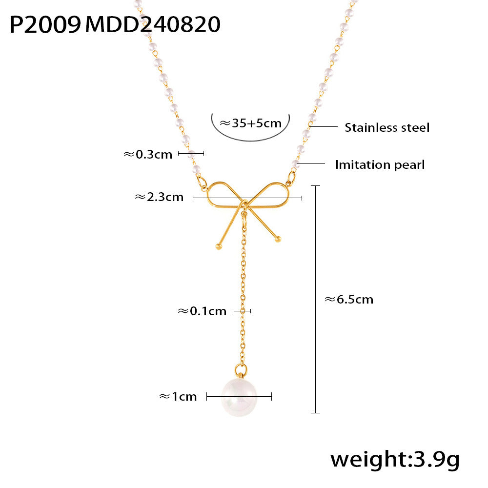 B廠【P2009】仙女choker蝴蝶結仿珍珠項鍊ins冷淡風氣質簡約輕奢不鏽鋼鎖骨鏈 24.08-5