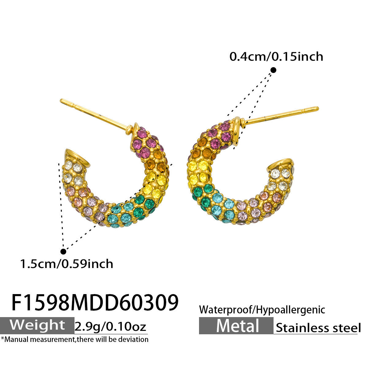 B廠【F1598】歐美INS高級感C型鑲彩鑽耳環不鏽鋼18k鍍金中古風滿鑽時尚耳環
 26.03-3