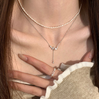 E廠【XDQ0675N】S999純銀韓版時尚天然淡水珍珠蝴蝶項鍊女精緻流蘇鎖骨鍊ins
 26.03-1