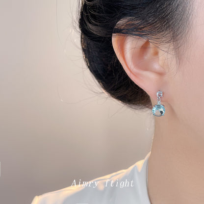 A廠【7053】海藍色時尚高級感清新甜美鋯石耳環幾何簡約通勤飾品耳飾
 25.11-4