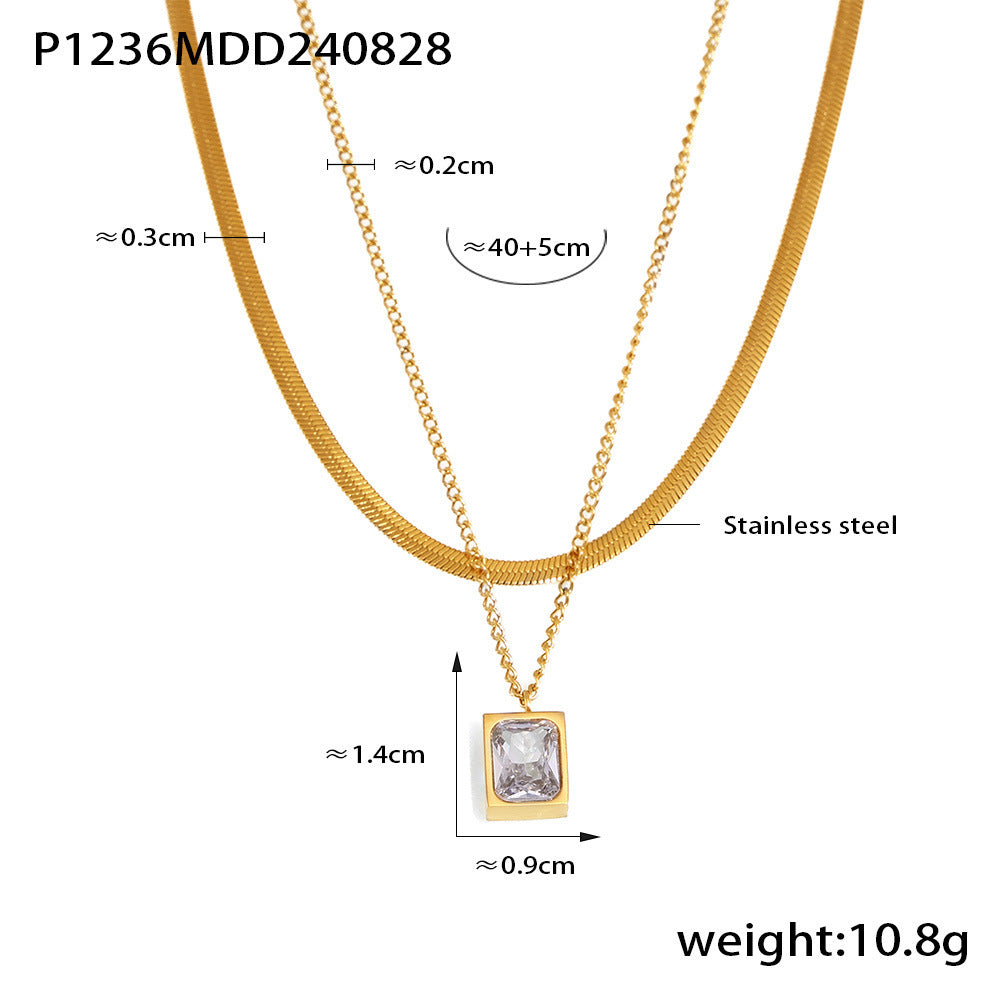 B廠【P1236】法式跨境小眾ins雙層疊戴風刀片鏈方形吊墜不銹鋼復古項鍊 24.09-1