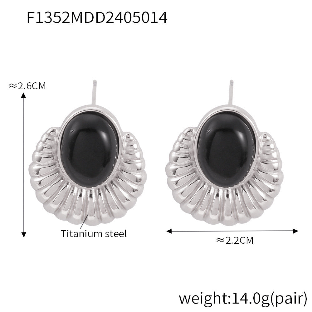 B廠【F1352-4】歐美誇張拼接不規則紋理感耳飾女黑瑪瑙時尚個性復古鈦鋼耳環防敏 24.05-4