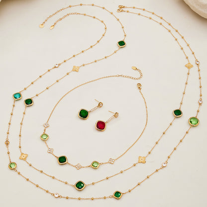 B廠【TXP509】不銹鋼四葉花鑲鋯石切面包邊石頭手鍊長款毛衣鏈項鍊耳環首飾套裝
 25.12-1