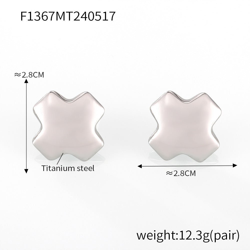 B廠【F1367】跨境歐美簡約素面拋光十字鈦鋼鍍18k真金耳環四方弧面不褪色耳環 24.05-4