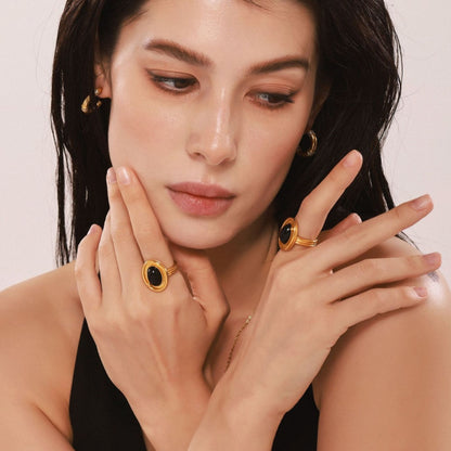 B廠【A686】不鏽鋼橢圓黑瑪瑙戒指輕奢感指環鈦鋼18K金手飾跨境rings 25.03-2