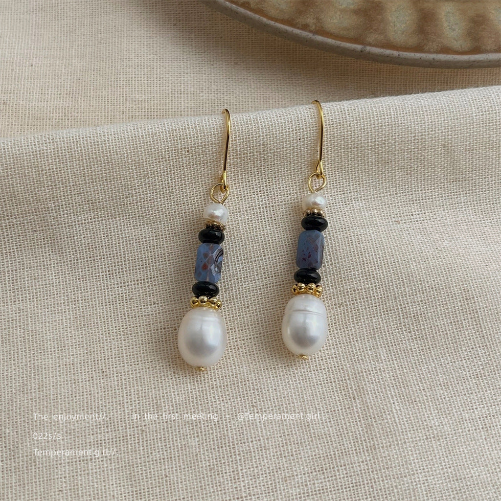 A廠【6559】淡水珍珠文藝復古藏青色秋冬新款手工耳環民族風景區耳飾
 25.10-3