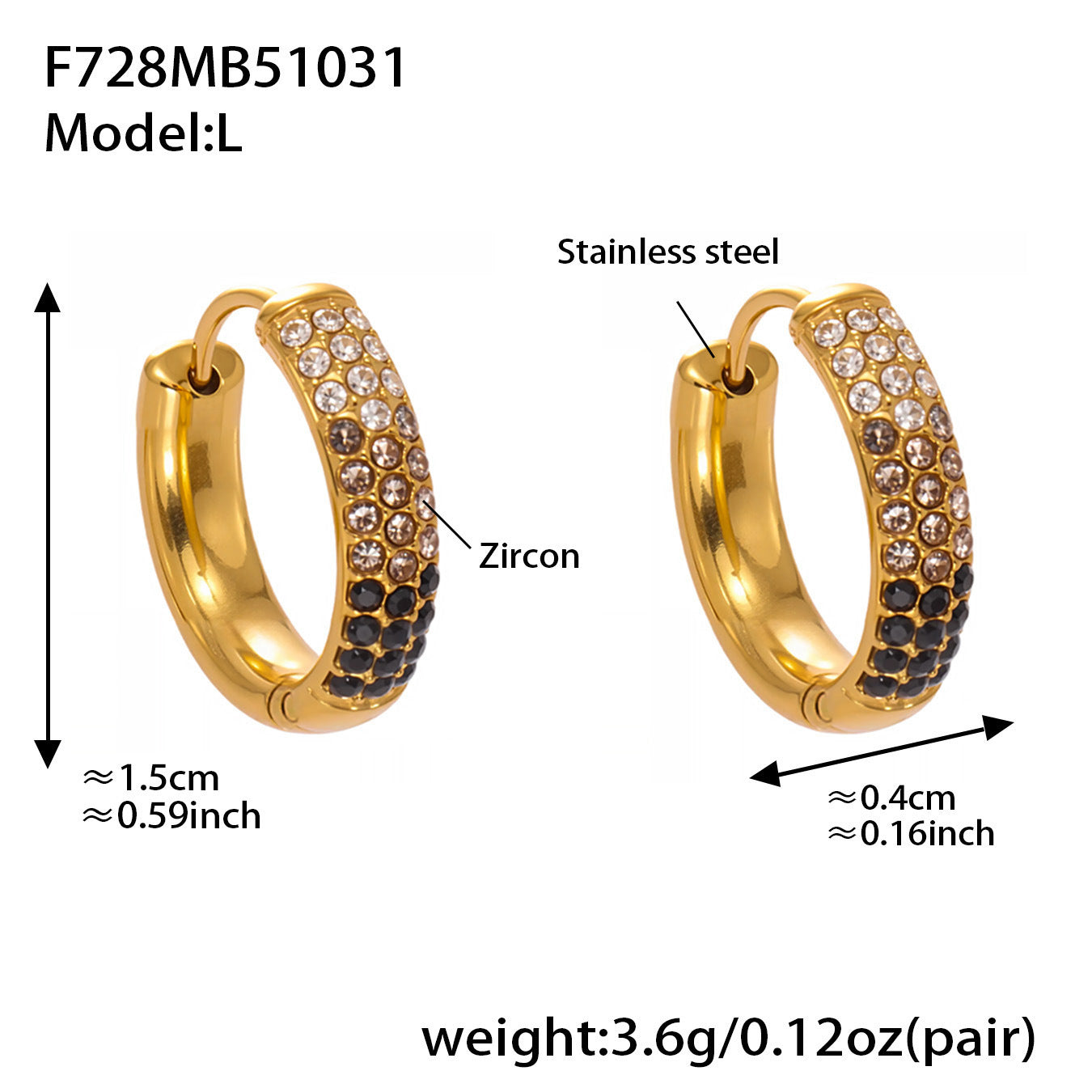 B廠【F728】高質感滿鋯三排鑽球面U型耳扣鍍18k真金輕奢百搭不鏽鋼耳環
 25.11-1