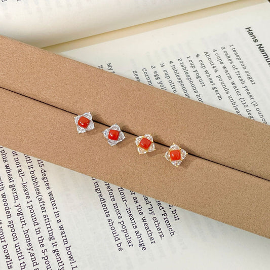 E廠【XDQ10377E】復古簡約南紅瑪瑙四葉草耳環女S925純銀氣質輕奢鑲鋯石耳飾品
 25.12-3