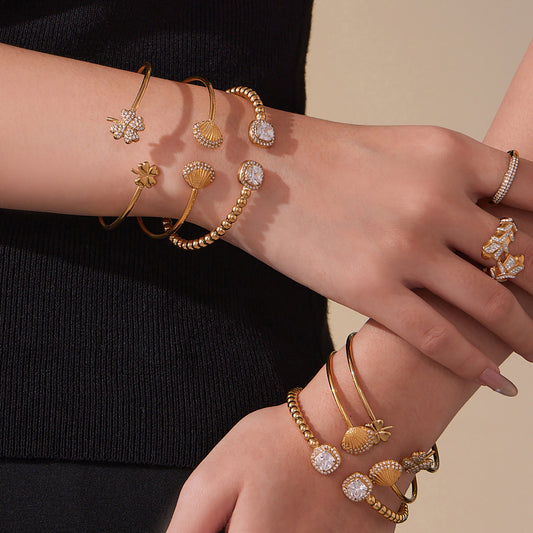 B廠【Z503】超閃5A鋯石鋼珠開口彈力繩手鐲不鏽鋼材質鍍18k真金不掉色
 25.10-5