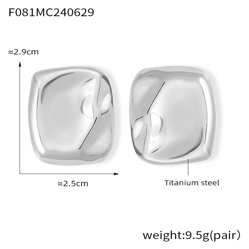 B廠【F081】歐美跨國簡約設計方形褶皺光面耳環鈦鋼18k鍍金個性氣質耳環 24.07-1