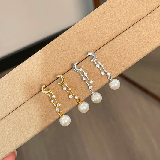 E廠【XDQ10648E】S925純銀法式輕奢月亮仿珍珠耳環女氣質高級感鑲鋯石流蘇耳飾
 26.01-1