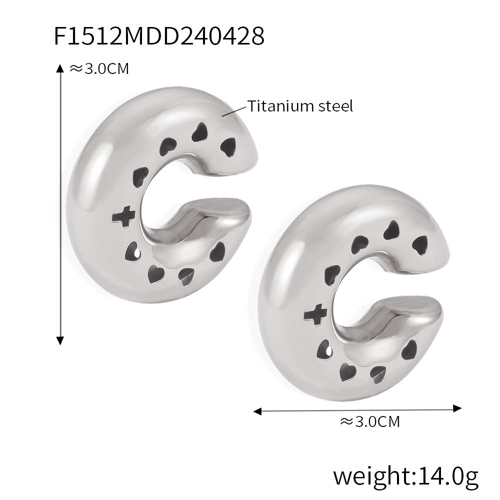 B廠【F1511-2】新款愛心鏤空C型空心耳夾鈦鋼鍍18K金滴油光面設計耳環百搭飾品女 24.05-1
