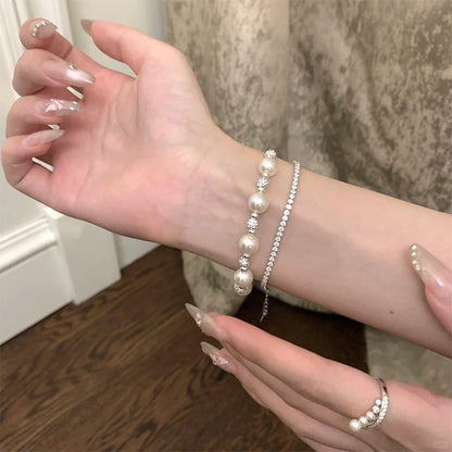 E廠【DQ0548S】法式高級感施家仿珍珠手鍊女S925純銀爆閃圓珠精緻手飾品百搭 25.07-2