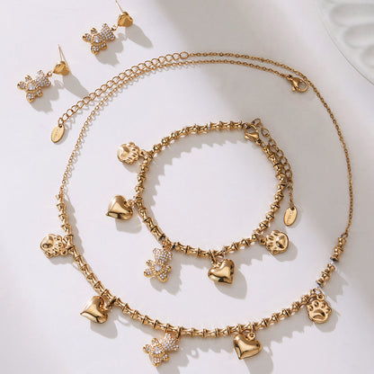 B廠【TXP495】不銹鋼小熊滿鑽鋯石竹節手工鏈空心愛心耳環手鍊項鍊套組女
 25.11-4