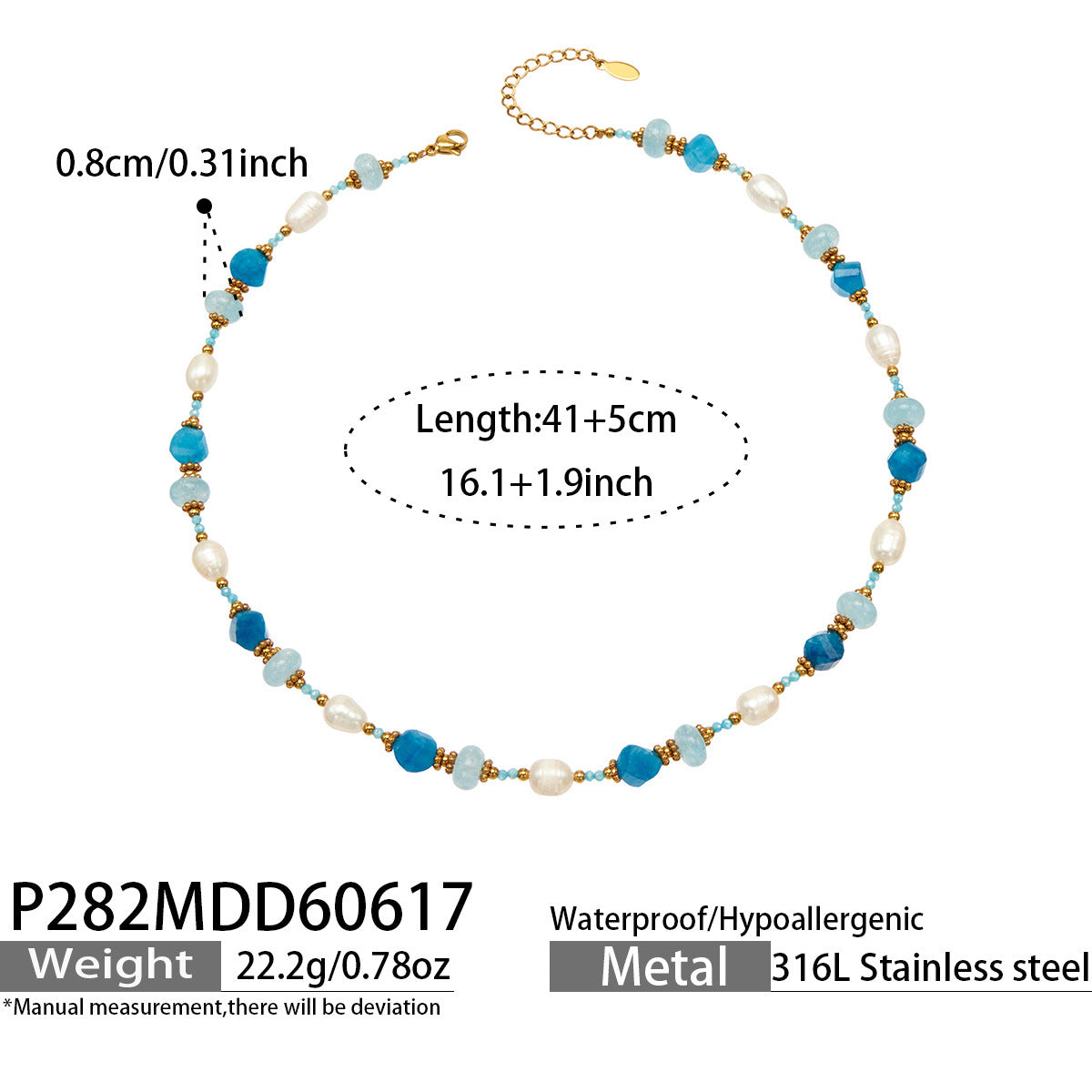 B廠【P282】切面海藍寶石淡水珍珠手工串珠項鍊18k金 歐美設計感鎖骨鍊項鍊飾女
 26.06-4