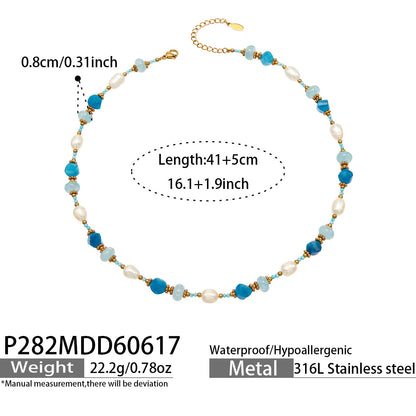 B廠【P282】切面海藍寶石淡水珍珠手工串珠項鍊18k金 歐美設計感鎖骨鍊項鍊飾女
 26.06-4