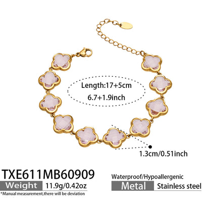 B廠【TXP611】謎麗港風顯貴四葉花不鏽鋼鍍金紅玻璃簡約小眾項鍊手鍊耳飾飾品女
 26.09-3