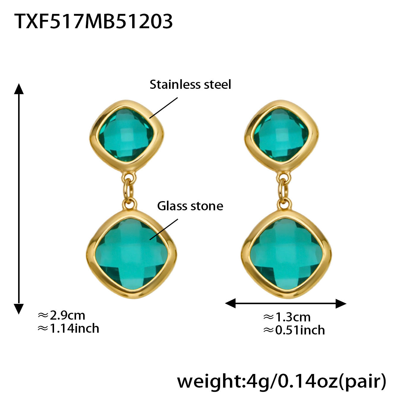 B廠【TXP517】不銹鋼方形切麵包邊玻璃石吊墜耳環項鍊手鍊珠寶首飾套裝鍍18k金
 25.12-2