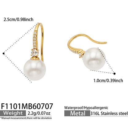 B廠【F1101】跨境精緻微鑲超閃鋯石貝珠耳環不鏽鋼鍍18k金法式優雅通勤耳環女 26.07-2