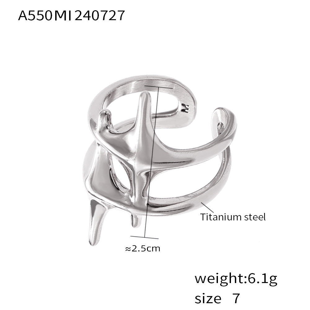 B廠【A550】跨國歐美十字芒星戒指個性冷淡風鈦鋼鍍18k真金潮流男女款食指戒 24.07-5