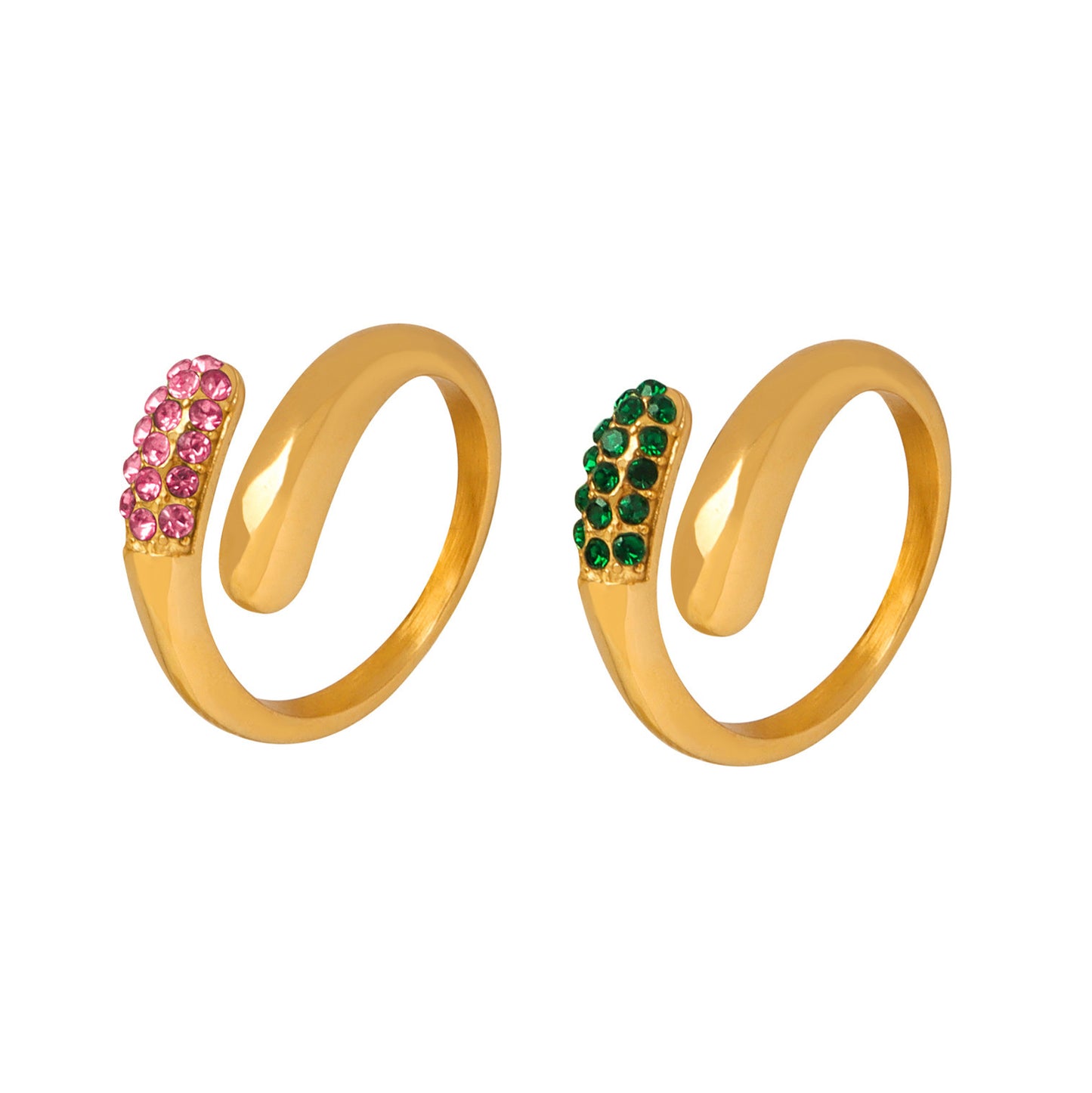 B廠【A002】跨國歐美ins時尚簡約粉綠白三色水鑽開口戒指不鏽鋼鍍18K真金飾品
 26.01-2