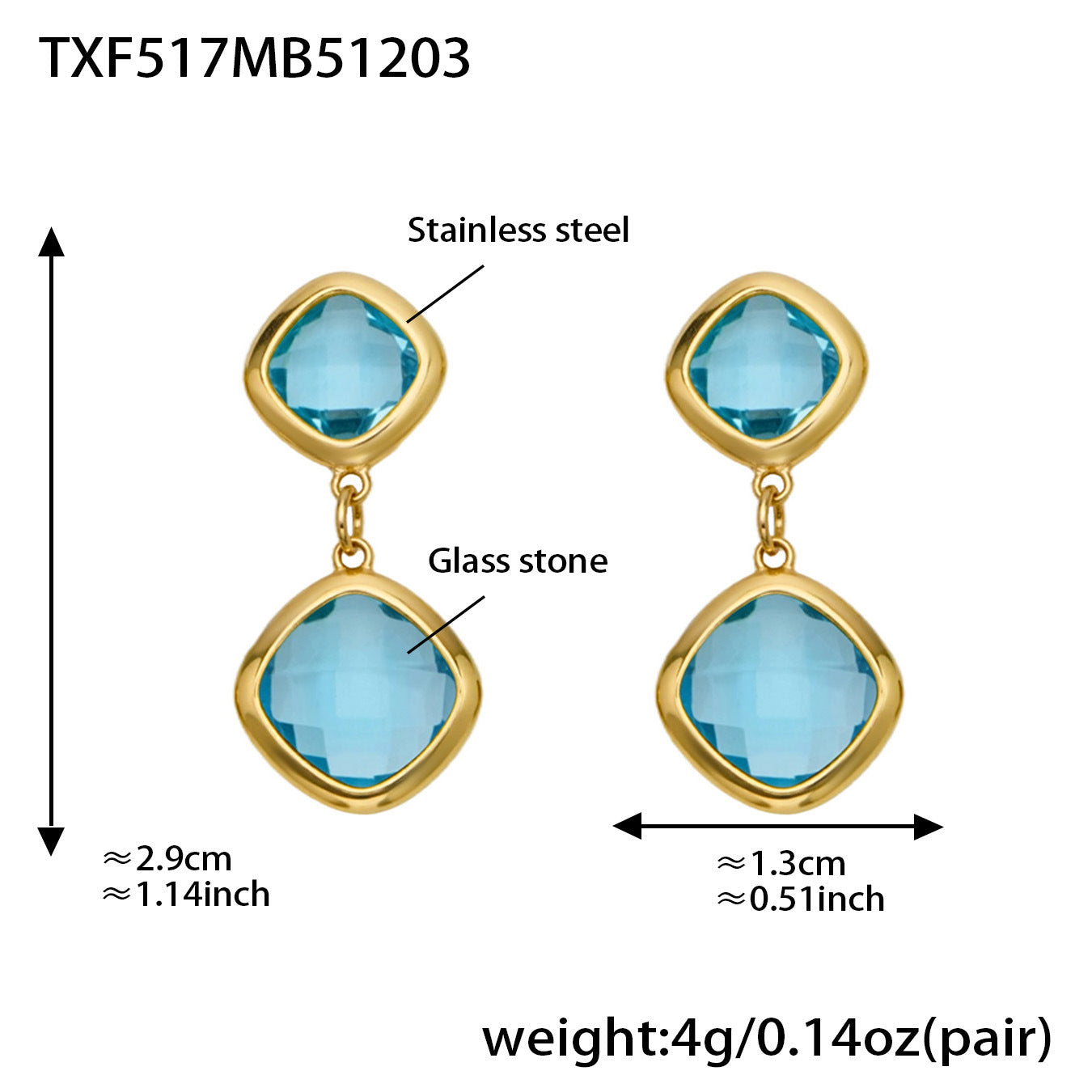 B廠【TXP517】不銹鋼方形切麵包邊玻璃石吊墜耳環項鍊手鍊珠寶首飾套裝鍍18k金
 25.12-2
