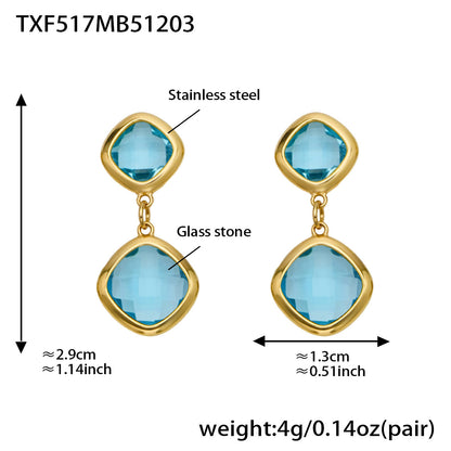B廠【TXP517】不銹鋼方形切麵包邊玻璃石吊墜耳環項鍊手鍊珠寶首飾套裝鍍18k金
 25.12-2