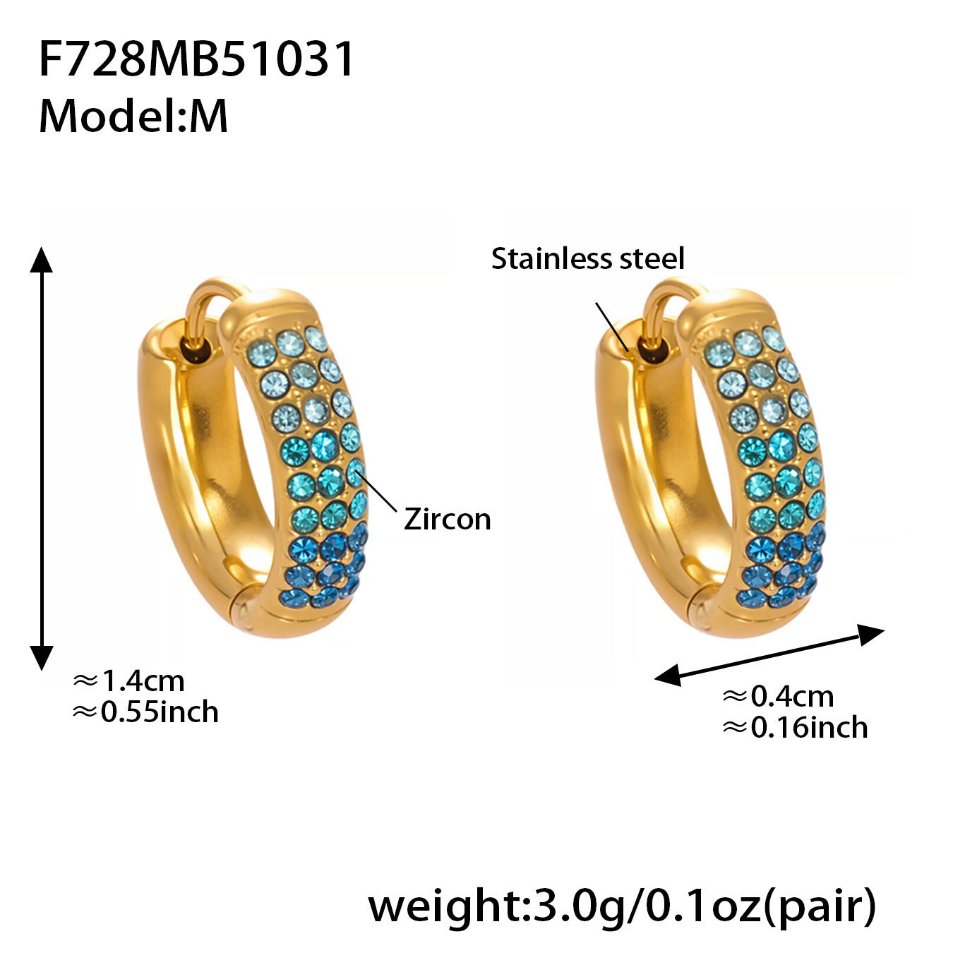 B廠【F728】高質感滿鋯三排鑽球面U型耳扣鍍18k真金輕奢百搭不鏽鋼耳環
 25.11-1