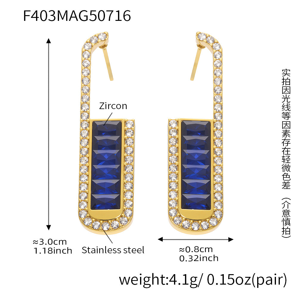 B廠【F403】不鏽鋼長方形耳石漸層綠滿鑽耳環 18k金時尚搭搭珠寶飾品 25.07-4
