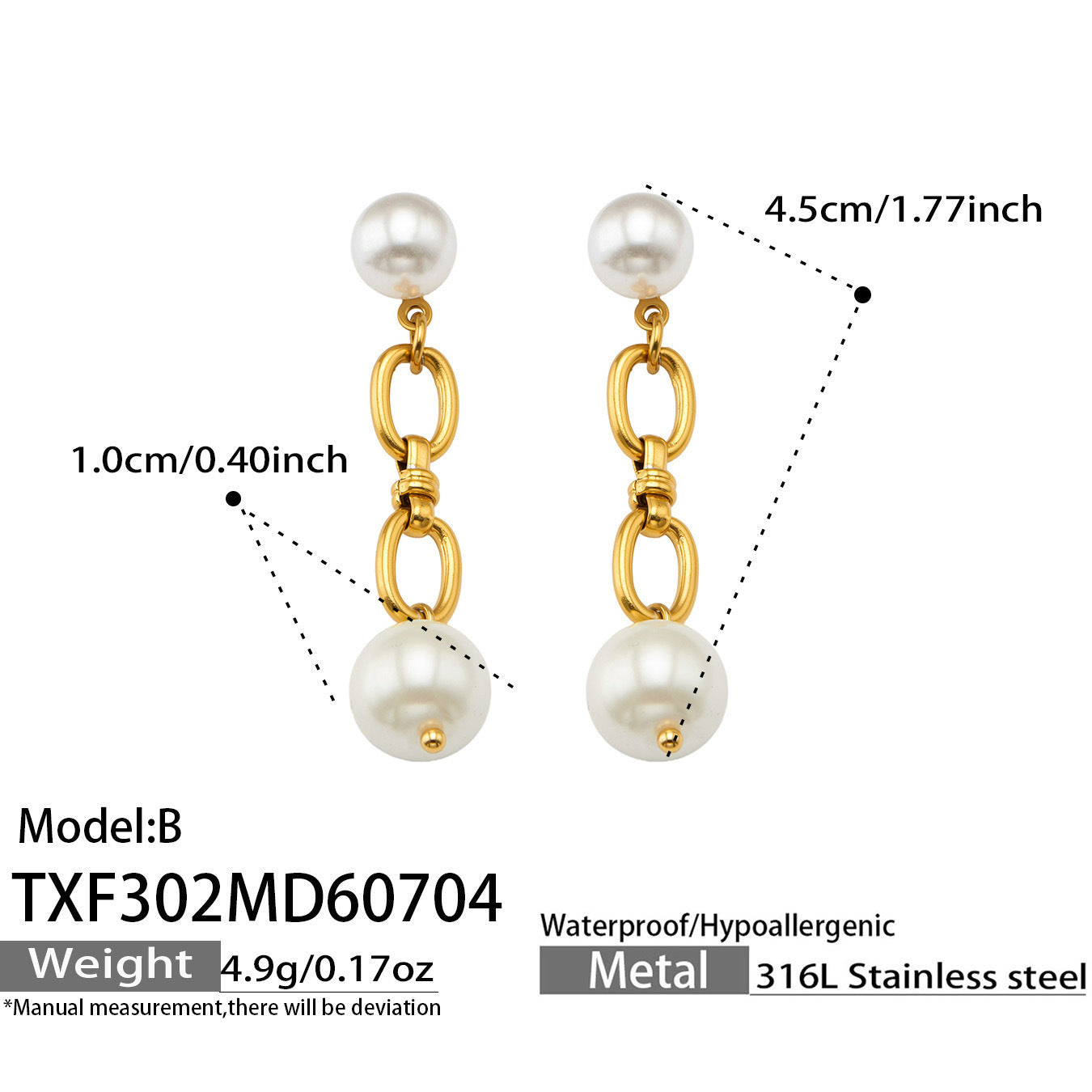 B廠【TXP302】歐美爆款手工製作不銹鋼鍍18k金 貝珠吊墜時尚潮流飾品女耳環項鍊 26.07-2